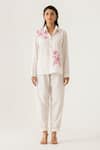 Buy_K-Anshika_White Cotton Embroidery, Beads, Sequins Collared Co-ord Set With Floral Applique _at_Aza_Fashions
