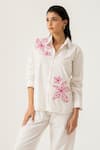 K-Anshika_White Cotton Embroidery, Beads, Sequins Collared Co-ord Set With Floral Applique _Online_at_Aza_Fashions