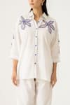 K-Anshika_White Cotton Embroidery, Beads, Sequins Collared Co-ord Set With Floral _Online_at_Aza_Fashions