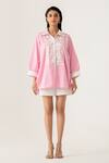 Buy_K-Anshika_Pink Cotton Beads, Sequins Collared Striped Shirt And White Shorts Set _at_Aza_Fashions