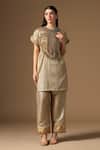 Buy_Rina Dhaka_Gold Lurex, Linen Beads, Sequins Round Neck Kurta And Pant Set _Online_at_Aza_Fashions