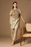 Buy_Rina Dhaka_Gold Lurex, Linen Beads, Sequins Round Neck Kurta And Pant Set _at_Aza_Fashions