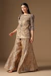 Shop_Rina Dhaka_Gold Sequins, Embroidery Round Neck Kurta And Gharara Set _Online_at_Aza_Fashions