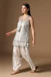 Rina Dhaka_Silver Net Sequins V-neck Embroidered Kurta Set _Online_at_Aza_Fashions