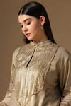 Rina Dhaka_Gold Linen Sequins Mandarin Collar Lame Kurta Sharara Set _Online_at_Aza_Fashions