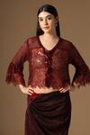Rina Dhaka_Maroon Lurex Sequins Round Neck Skirt And Jacket Set _at_Aza_Fashions