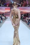 Shop_Rina Dhaka_Gold Satin Sequins Ruched Skirt _at_Aza_Fashions