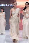 Shop_Rina Dhaka_White Chiffon Pearls, Fringe Round Neck Embroidered Saree Set _at_Aza_Fashions