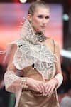 Shop_Rina Dhaka_Gold Mesh Lace, Embroidery Asymmetric 3d Structure Top _at_Aza_Fashions