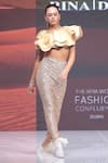 Shop_Rina Dhaka_Gold Silk Satin Round Neck Cape Blouse _Online_at_Aza_Fashions