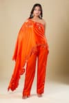 Buy_Anamika Khanna_Orange Silk, Satin Embroidery Asymmetric Coral One Shoulder Tunic And Pant Set _at_Aza_Fashions