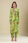 Buy_Anamika Khanna_Green Cotton Embroidery Round Neck Floral Print Lime Kurta Set _Online_at_Aza_Fashions