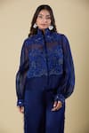 Anamika Khanna_Blue Embroidery Mandarin Collar Indigo Shirt And Pant Set _Online_at_Aza_Fashions