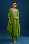 Buy_Matsya_Green Silk Sequins, Beads, Embroidery V-neck Lime Anarkali Set _at_Aza_Fashions
