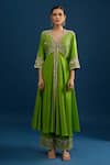 Matsya_Green Silk Sequins, Beads, Embroidery V-neck Lime Anarkali Set _at_Aza_Fashions