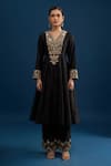 Matsya_Black Silk Zari, Embroidery V-neck Anarkali Set _Online_at_Aza_Fashions