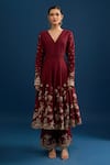 Matsya_Red Silk Embroidery V-neck Scarlet Anarkali Set _at_Aza_Fashions