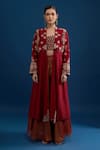 Matsya_Red Silk Embroidery Square , Open Jacket Skirt Set _Online_at_Aza_Fashions