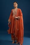 Buy_Matsya_Rust Silk Embroidery Split V-neck Red Anarkali Set _at_Aza_Fashions