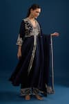 Shop_Matsya_Blue Silk Embroidery, Sequins V-neck Navy Anarkali Set _Online_at_Aza_Fashions