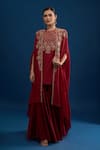 Buy_Matsya_Red Silk Embroidery Open , Round Cape Kurta Sharara Set _at_Aza_Fashions