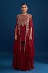 Matsya_Red Silk Embroidery Open , Round Cape Kurta Sharara Set _Online_at_Aza_Fashions
