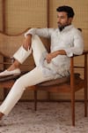 Arjan Dugal_Blue Organza, Brocade, Chanderi, Cotton Satin, Lycra Nehru Jacket And Kurta Set _Online_at_Aza_Fashions