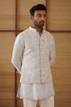 Buy_Arjan Dugal_Blue Organza, Brocade, Chanderi, Cotton Satin, Lycra Nehru Jacket And Kurta Set 