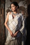 Label Anshu Khathuria_Silver Tissue V-neck Designer Pre-draped Saree And Blouse Set _Online_at_Aza_Fashions