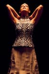 Label Anshu Khathuria_Gold Tissue Embroidery Bandeau Neck Hand Corset And Skirt Set _Online_at_Aza_Fashions