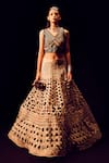 Buy_Label Anshu Khathuria_Black Tissue V-neck Champagne Gold Padded Designer Skirt Set _at_Aza_Fashions
