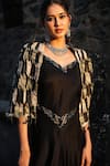 Buy_Label Anshu Khathuria_Black Silk, Tissue Embroidery Sweetheart Neck Designer Gown With Cape _Online_at_Aza_Fashions