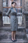 Label Anshu Khathuria_Gray Notched Neck Striped Designer Trenchcoat Dress _Online_at_Aza_Fashions