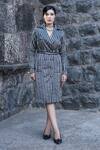 Buy_Label Anshu Khathuria_Gray Notched Neck Striped Designer Trenchcoat Dress _at_Aza_Fashions