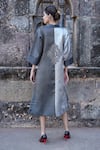 Shop_Label Anshu Khathuria_Gray Brocade, Velvet, Tissue Embroidery Open Neck Grey Silver Jacket Dress _at_Aza_Fashions