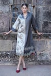 Buy_Label Anshu Khathuria_Gray Brocade, Velvet, Tissue Embroidery Open Neck Grey Silver Jacket Dress _at_Aza_Fashions