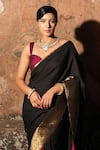 Buy_Label Anshu Khathuria_Black Brocade, Handloom Cotton Embroidery Round Rani Red Designer Saree Set _Online_at_Aza_Fashions