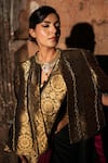 Shop_Label Anshu Khathuria_Black Brocade, Handloom Cotton Embroidery Round Rani Red Designer Saree Set _Online_at_Aza_Fashions
