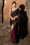 Label Anshu Khathuria_Black Brocade, Handloom Cotton Embroidery Round Rani Red Designer Saree Set _at_Aza_Fashions