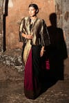 Buy_Label Anshu Khathuria_Black Brocade, Handloom Cotton Embroidery Round Rani Red Designer Saree Set _at_Aza_Fashions