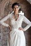 Label Anshu Khathuria_Ivory Embroidery V-neck Hand Achkan Jacket Set _Online_at_Aza_Fashions