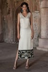 Buy_Label Anshu Khathuria_Ivory Velvet Embroidery V-neck Green Handloom Dress _at_Aza_Fashions