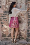 Label Anshu Khathuria_Beige Tissue, Brocade Embroidery Collared Rani-pink Hand Skirt Set _Online_at_Aza_Fashions