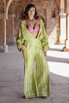 Buy_Label Anshu Khathuria_Green Silk, Brocade Embroidery Open Neck, And Rani-pink Handloom Jumpsuit Set _at_Aza_Fashions