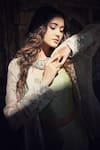 Label Anshu Khathuria_Green Tissue, Brocade Embroidery Open Neck Handloom Sharara Set With Jacket _Online_at_Aza_Fashions