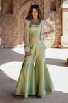 Buy_Label Anshu Khathuria_Green Tissue, Brocade Embroidery Open Neck Handloom Sharara Set With Jacket _at_Aza_Fashions