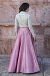 Label Anshu Khathuria_Pink Embroidery Collared Rani And Green Designer Jacket Skirt Set _Online_at_Aza_Fashions