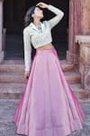 Label Anshu Khathuria_Pink Embroidery Collared Rani And Green Designer Jacket Skirt Set _at_Aza_Fashions