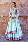 Buy_Label Anshu Khathuria_Green Embroidery V-neck And Rani-pink Handloom Anarkali _at_Aza_Fashions