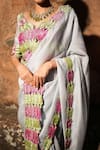 Buy_Label Anshu Khathuria_Gray Tissue, Brocade Embroidery Round Neck Designer Saree Set _Online_at_Aza_Fashions